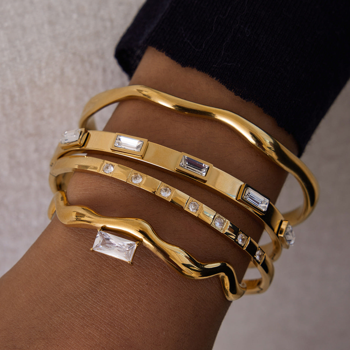 Stainless Steel Inlaid CZ Cuff Bracelet Combination