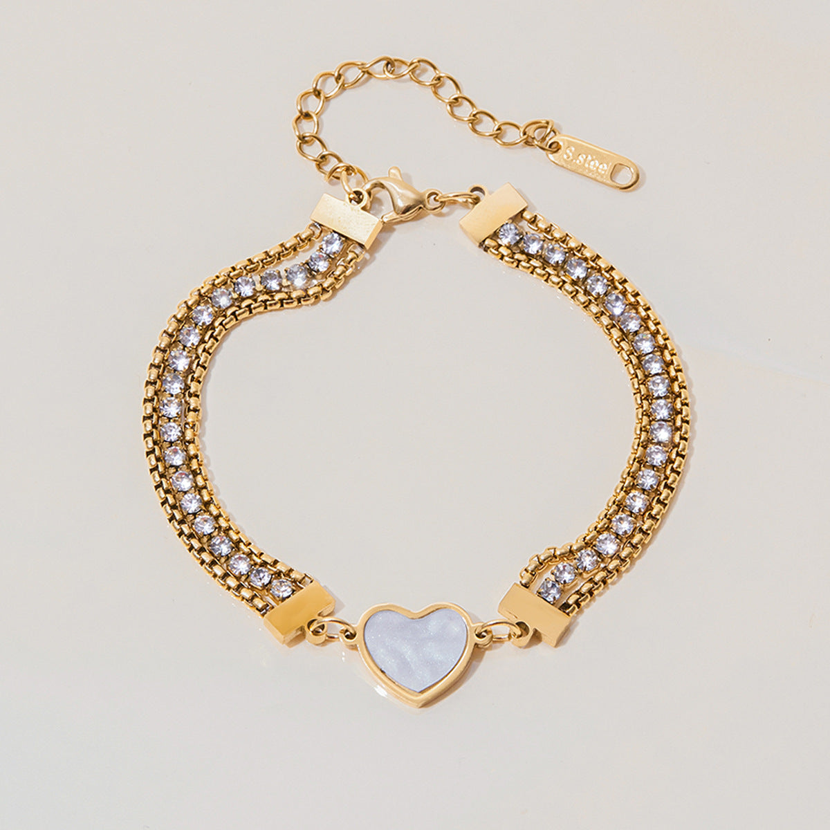 Stainless Steel Cubic Zirconia Heart Mother of Pearl Bracelet