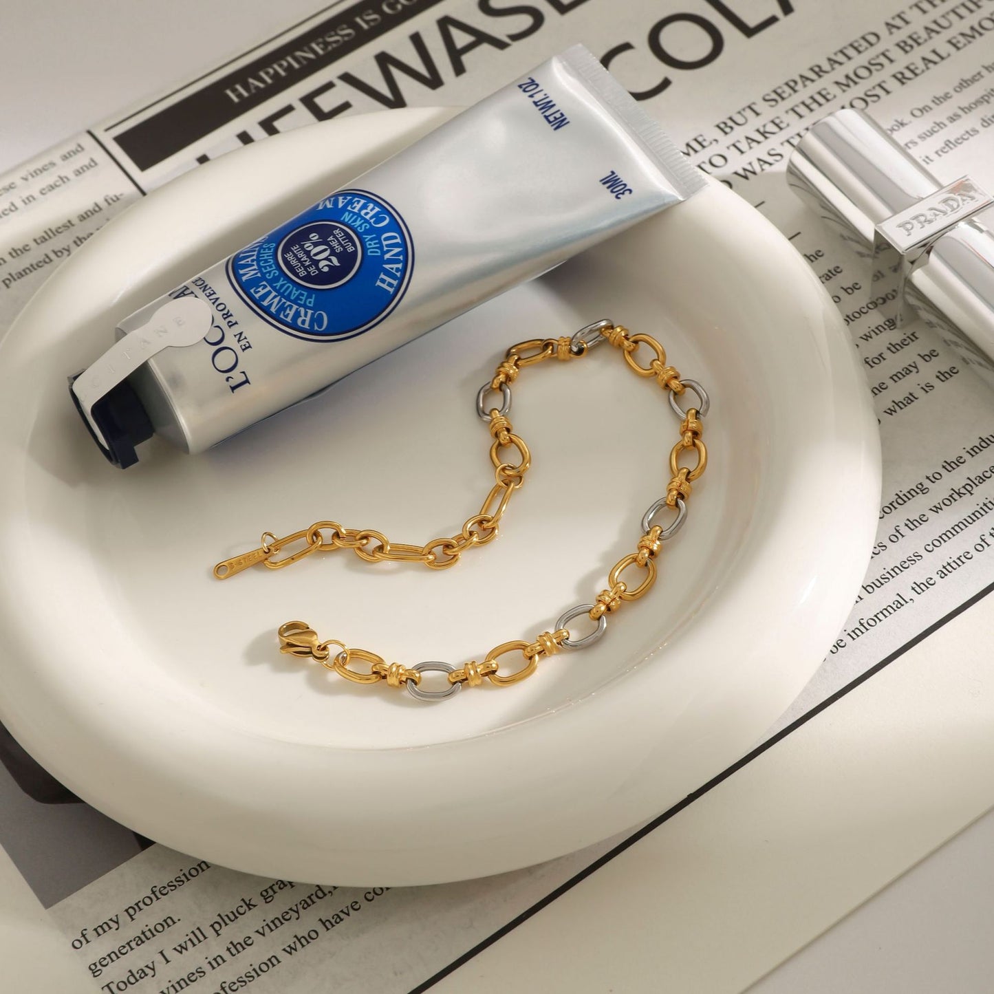 Stainless Steel Gold and Steel Two-Tone Chain Bracelet