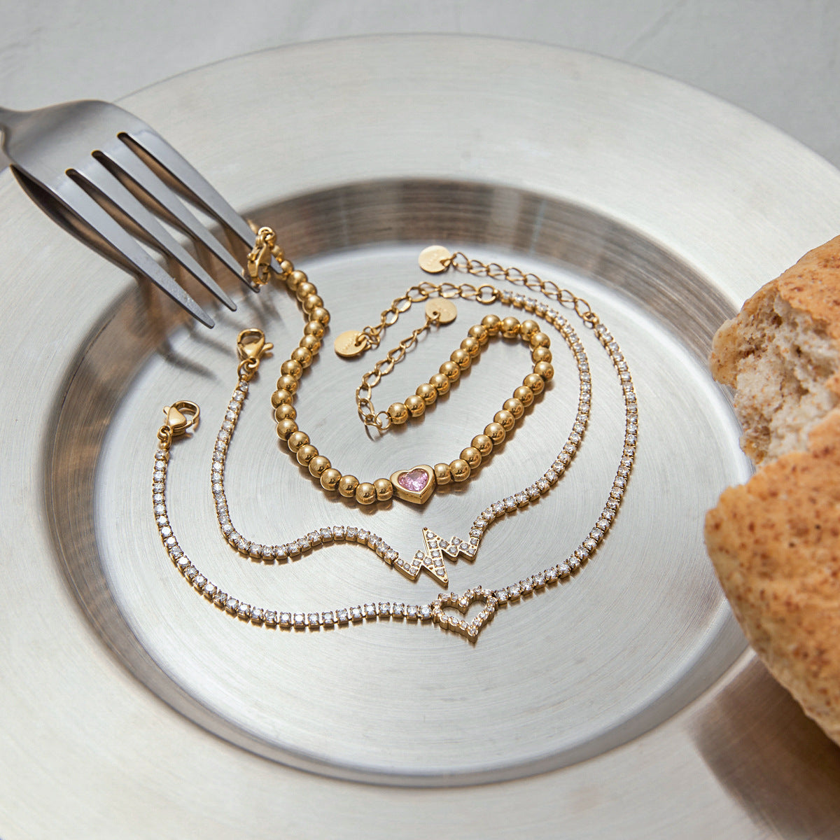 Stainless Steel Cubic Zirconia Chain Bracelet Combination