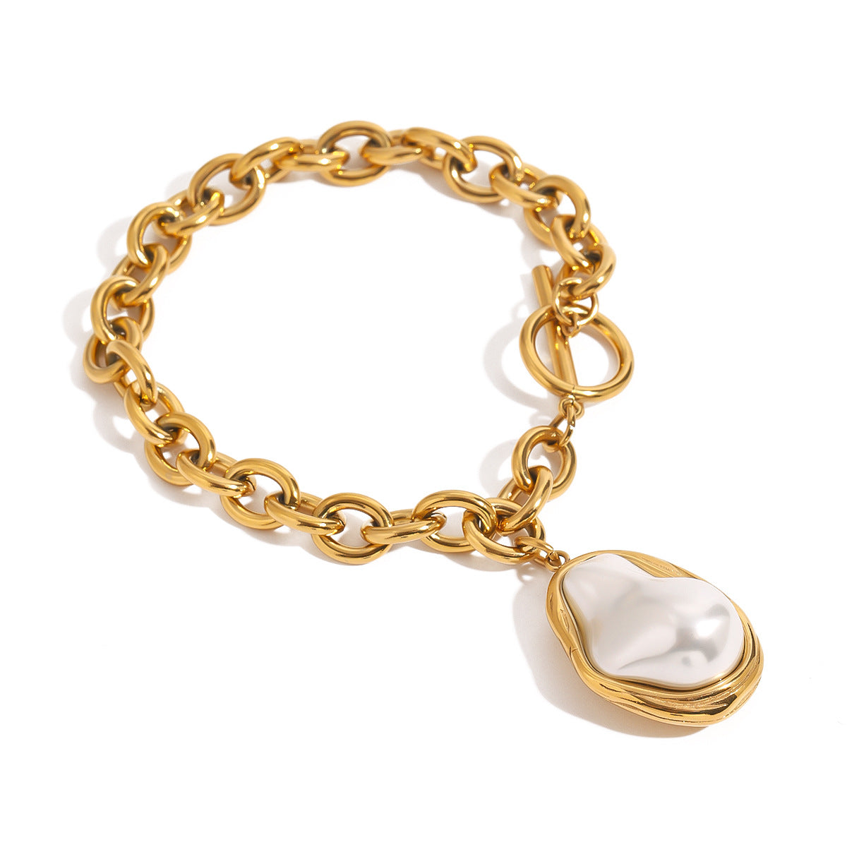 18K Gold PVD Stainless Steel Pearl Pendant Bracelet