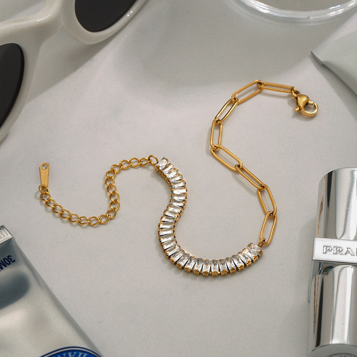 Stainless Steel CZ Paperclip Chain Splicing Bracelet