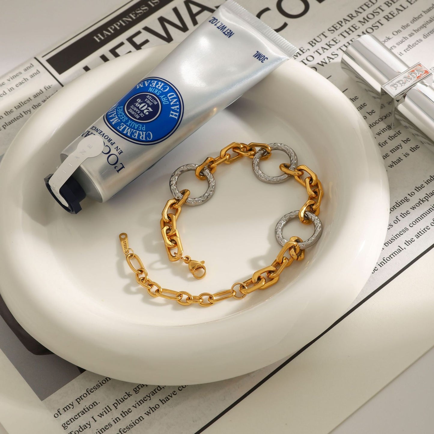 Stainless Steel Gold and Steel Two-Tone Cable Chain Bracelet