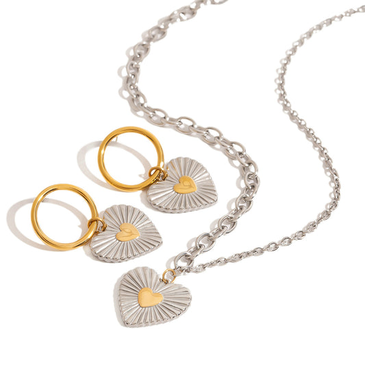 Stainless Steel Heart Pendant Earrings Necklace Jewelry Set