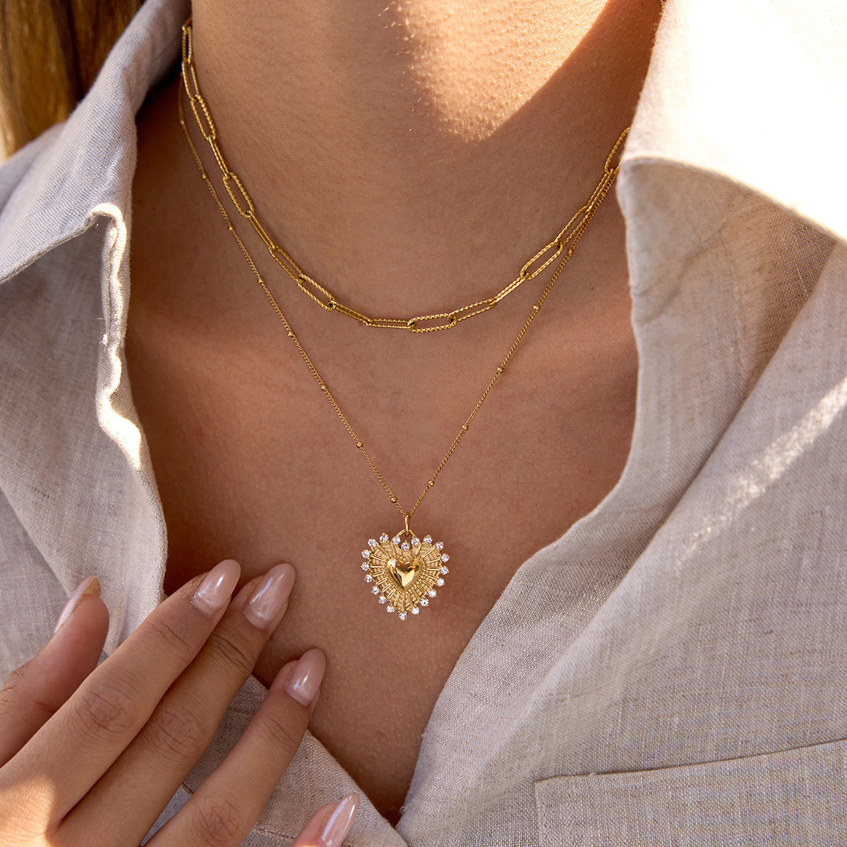 Stainless Steel Inlaid CZ Heart-shaped Pendant Necklace