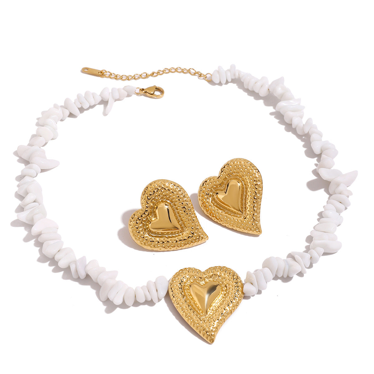 Stainless Steel Hammer Patterned Heart-shaped White Crushed Stone Necklace