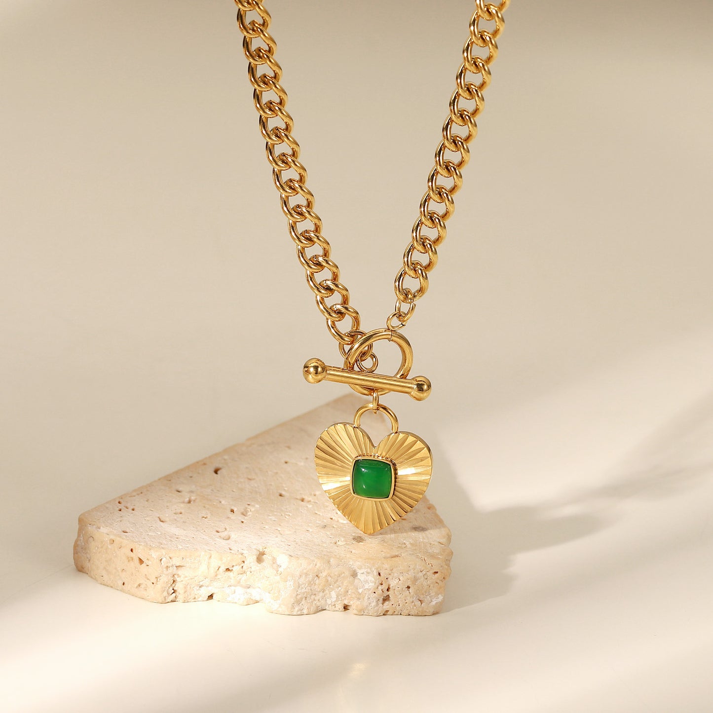 Stainless Steel Green Agate Heart-shaped Pendant OT Buckle Necklace