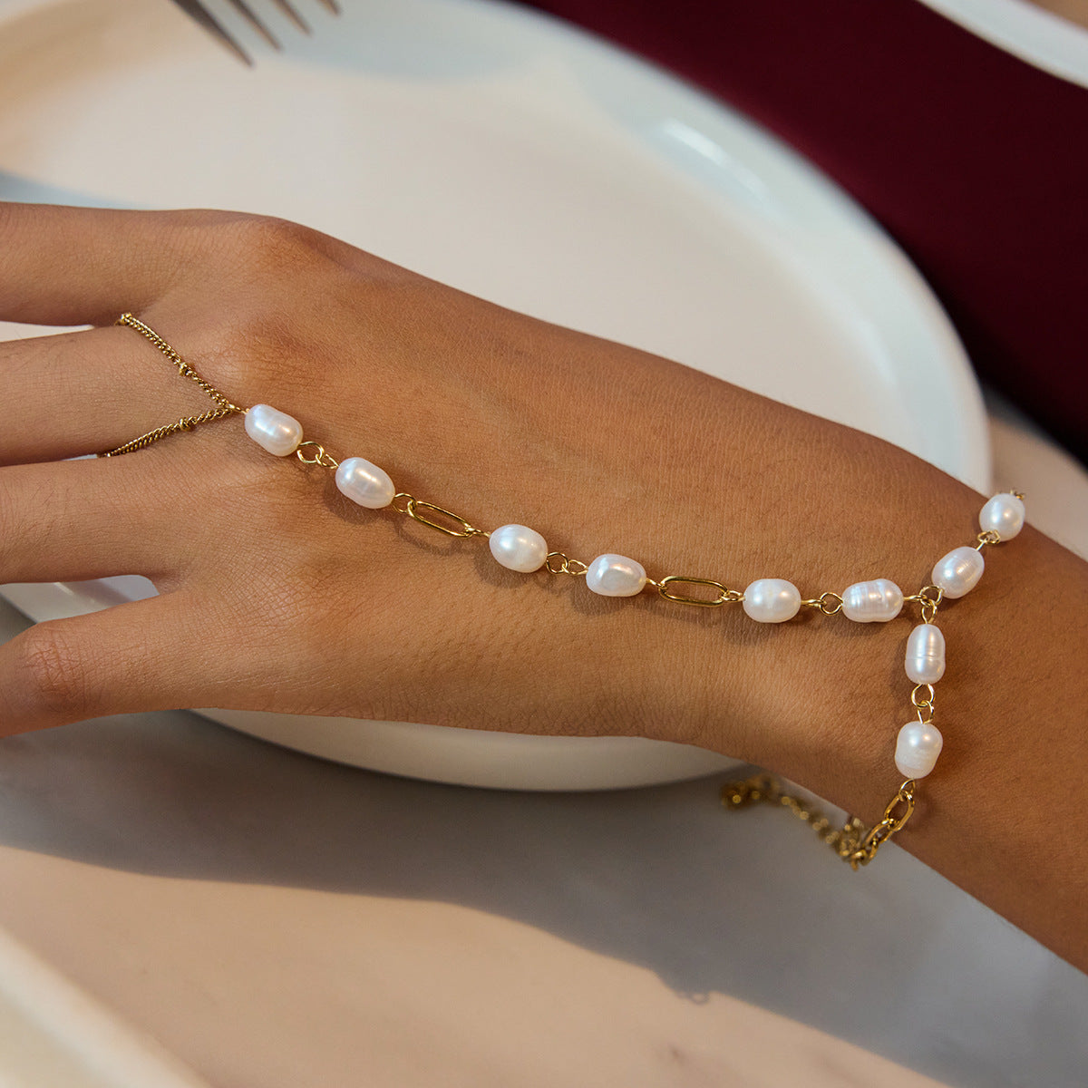 Stainless Steel Freshwater Pearl Finger Bracelet