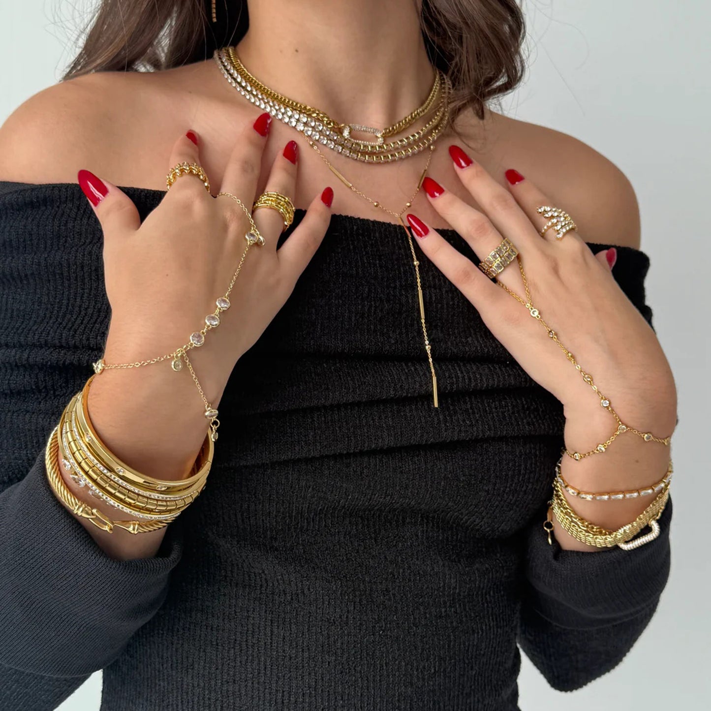 Stainless Steel Cubic Zirconia Pearl Finger Bracelet