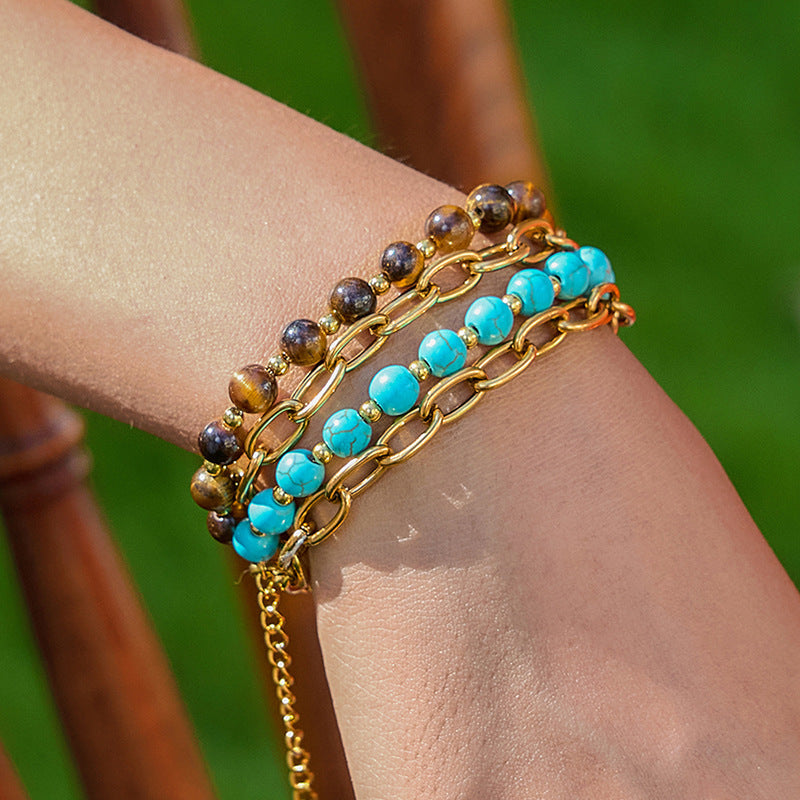 Stainless Steel Turquoise Tiger Eye Stone Bracelet