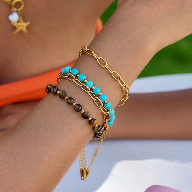 Stainless Steel Turquoise Tiger Eye Stone Bracelet