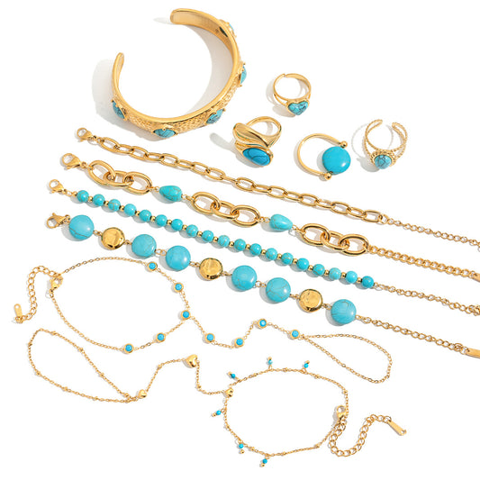 Stainless Steel 18K Gold PVD Turquoise Ring Bracelet Jewelry Set