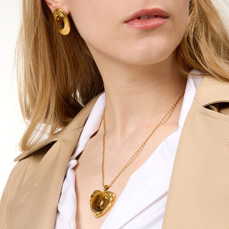Stainless Steel Tiger Eye Stone Heart-shaped Necklace Earrings Jewelry Set
