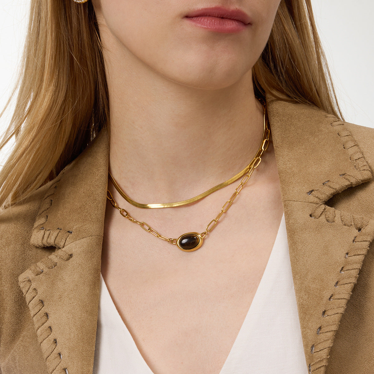 Stainless Steel Tiger Eye Stone Paperclip Chain Necklace