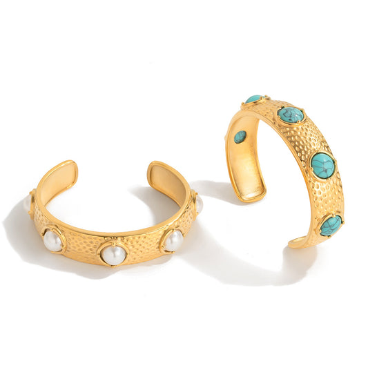 Stainless Steel Turquoise Resin Pearl Cuff Bracelet