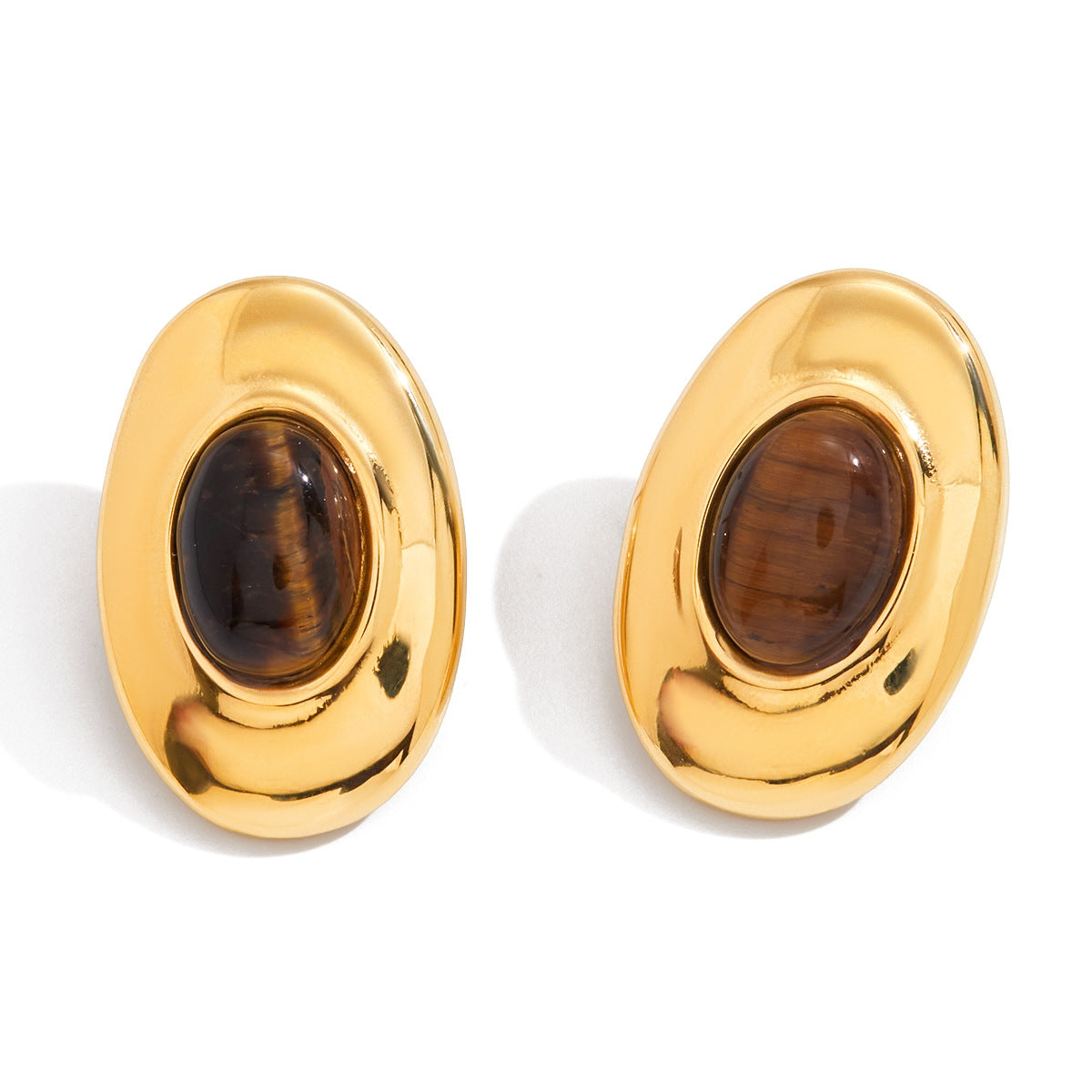 Stainless Steel Tiger Eye Stone Stud Earrings