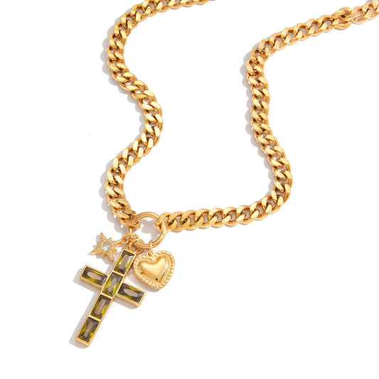 Stainless Steel Cubic Zirconia Cross Pendant Necklace