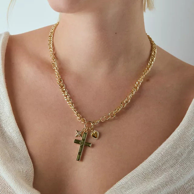 Stainless Steel Cubic Zirconia Cross Pendant Necklace