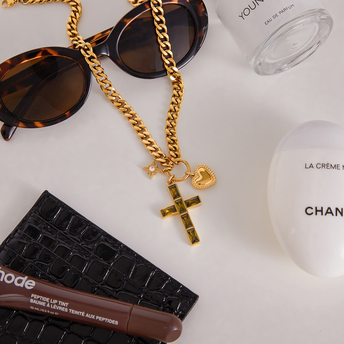 Stainless Steel Cubic Zirconia Cross Pendant Necklace