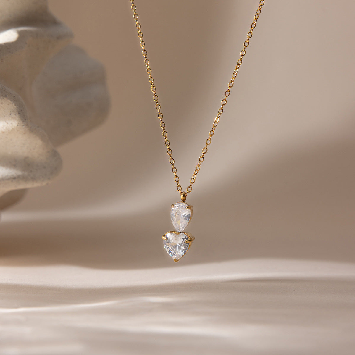 Stainless Steel Water Drop Heart Cubic Zirconia Necklace