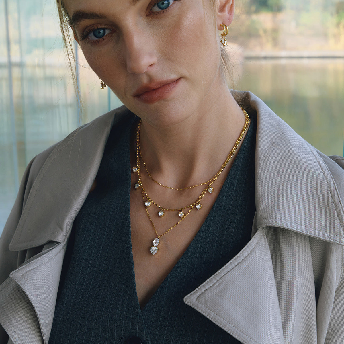 Stainless Steel Water Drop Heart Cubic Zirconia Necklace