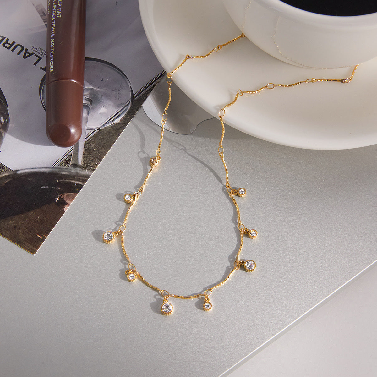 Stainless Steel Round Rhinestone Stick Chain Necklace