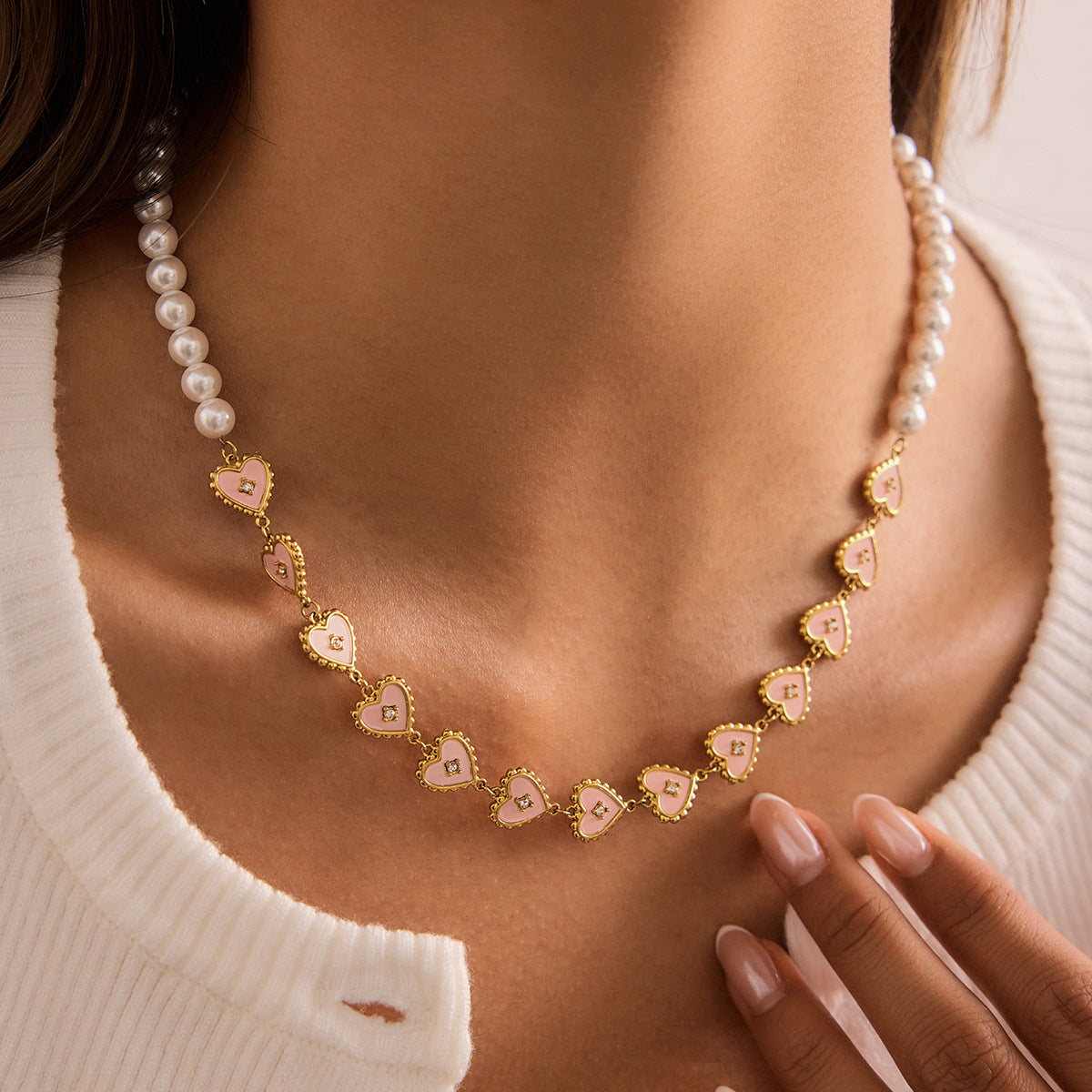 Stainless Steel Heart-shaped Pearl Necklace