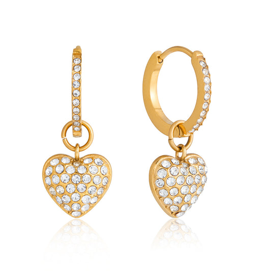 Stainless Steel Rhinestone Heart Drop Earrings