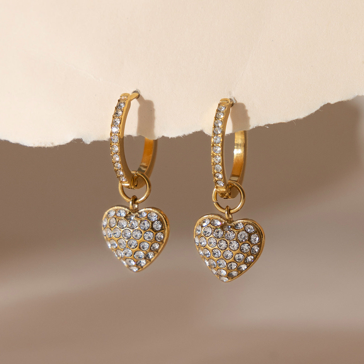 Stainless Steel Rhinestone Heart Drop Earrings