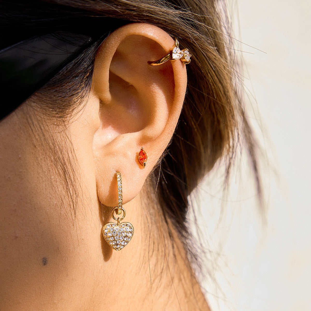 Stainless Steel Rhinestone Heart Drop Earrings