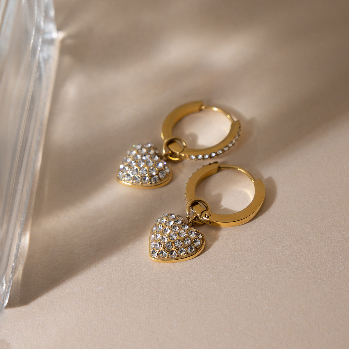 Stainless Steel Rhinestone Heart Drop Earrings