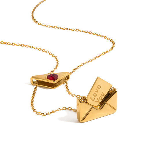 Stainless Steel Red Heart CZ Envelope Necklace