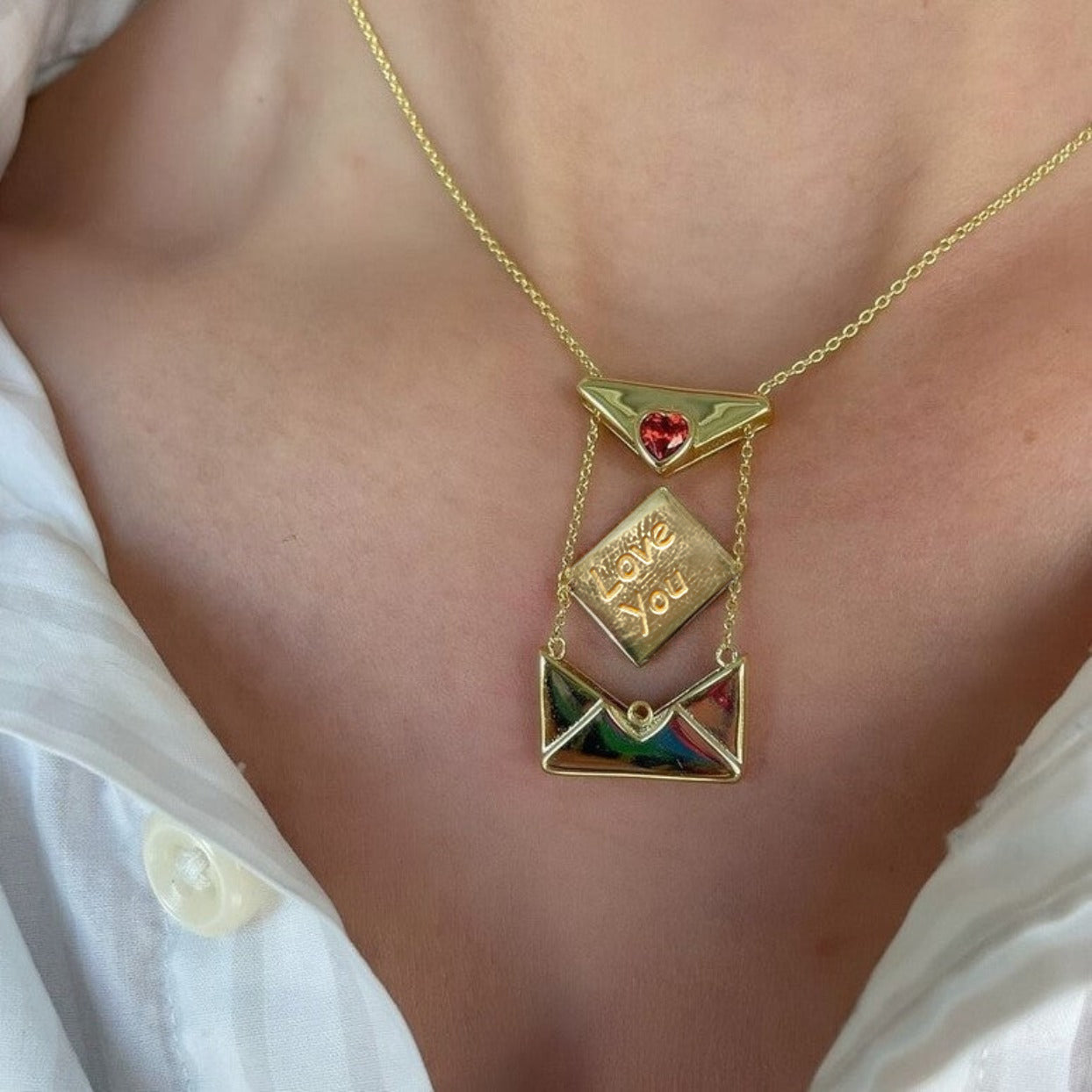 Stainless Steel Red Heart CZ Envelope Necklace