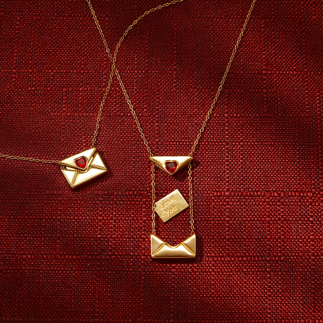 Stainless Steel Red Heart CZ Envelope Necklace