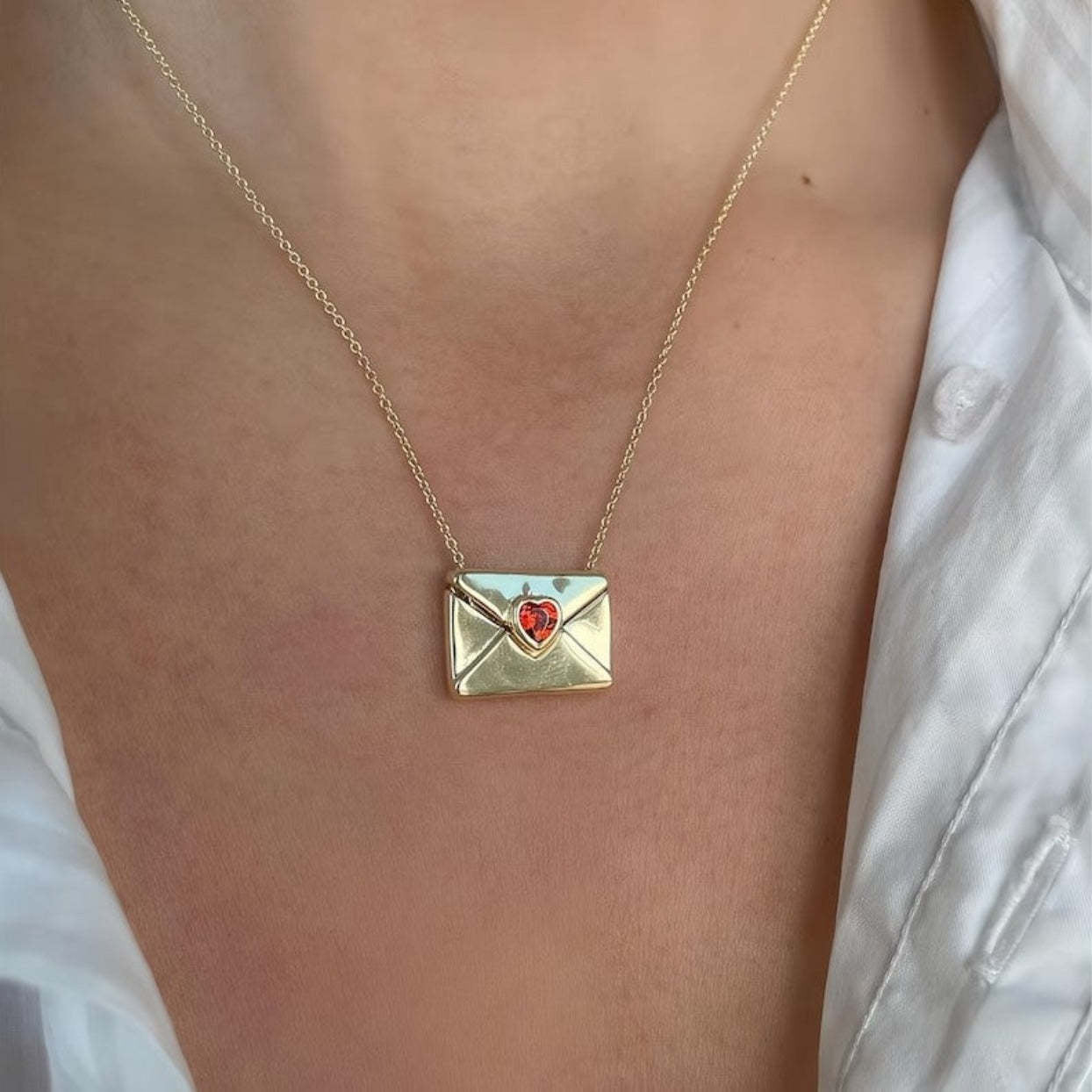 Stainless Steel Red Heart CZ Envelope Necklace