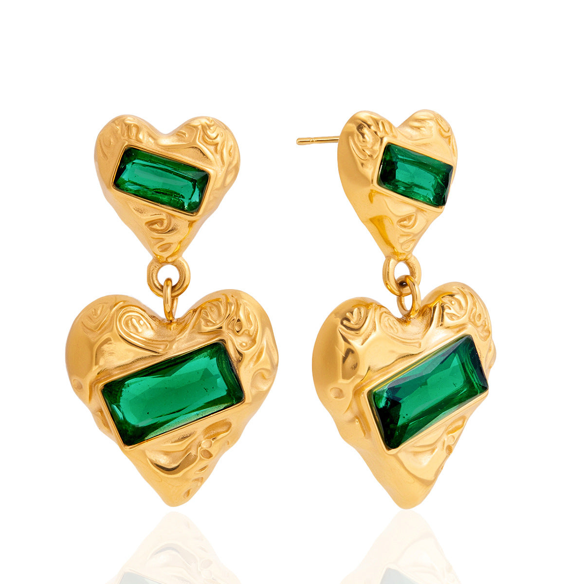 Stainless Steel Heart-shaped Green Cubic Zirconia Drop Earrings