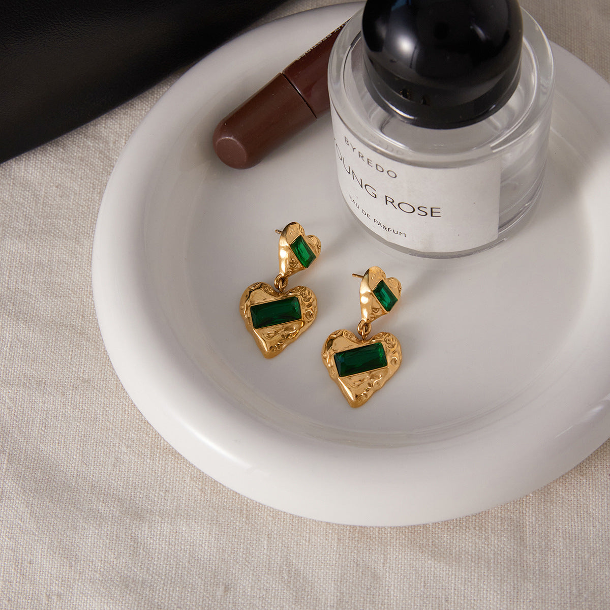 Stainless Steel Heart-shaped Green Cubic Zirconia Drop Earrings