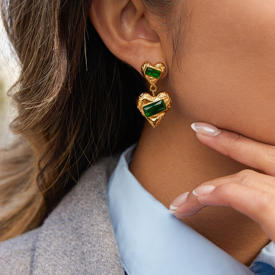 Stainless Steel Heart-shaped Green Cubic Zirconia Drop Earrings