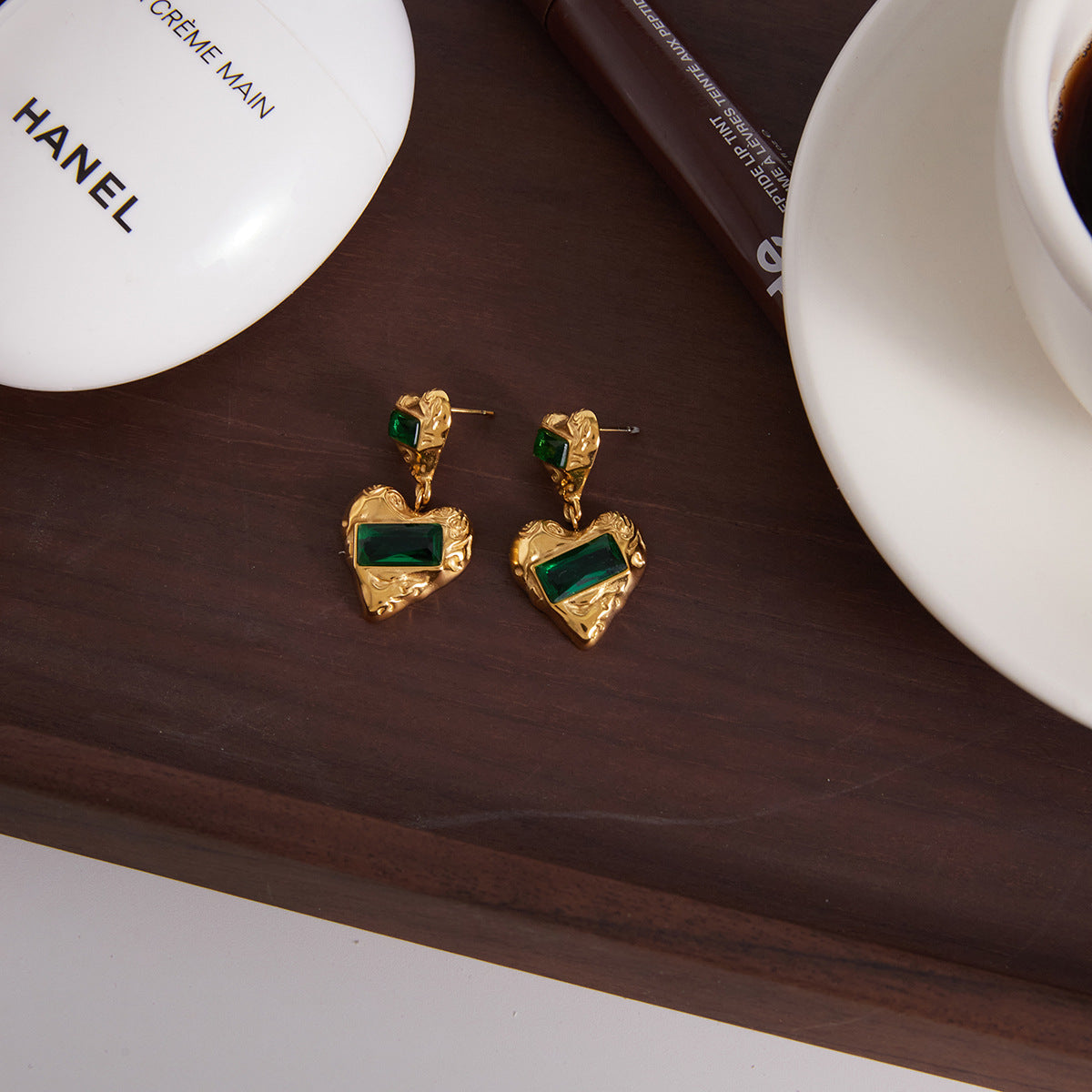 Stainless Steel Heart-shaped Green Cubic Zirconia Drop Earrings