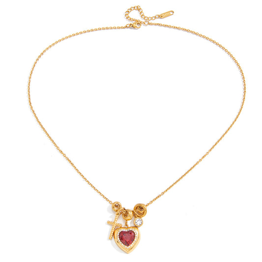 Stainless Steel Cross with Red Heart Pendant Necklace