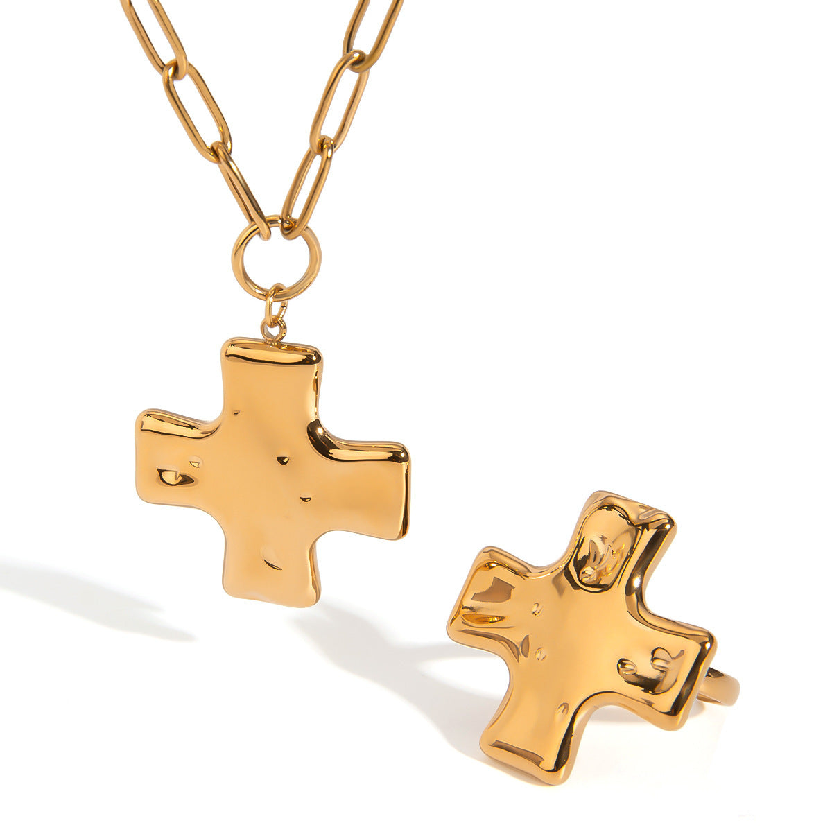 Stainless Steel Hammered Cross Pendant Necklace Ring Jewelry Set