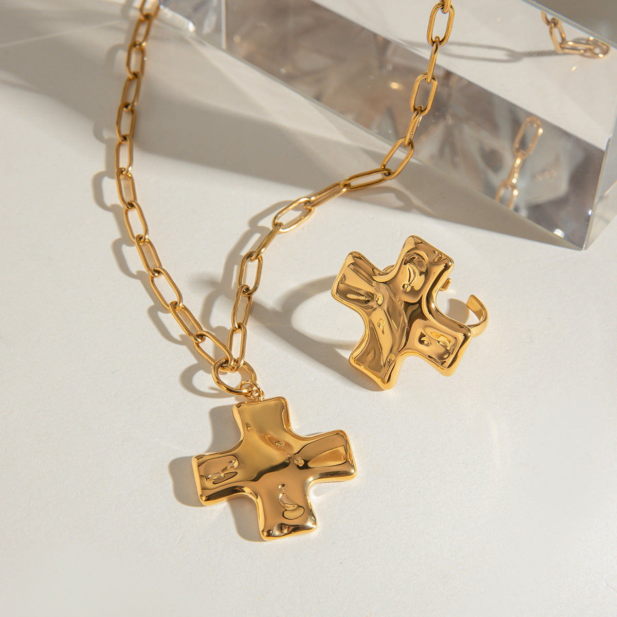 Stainless Steel Hammered Cross Pendant Necklace Ring Jewelry Set