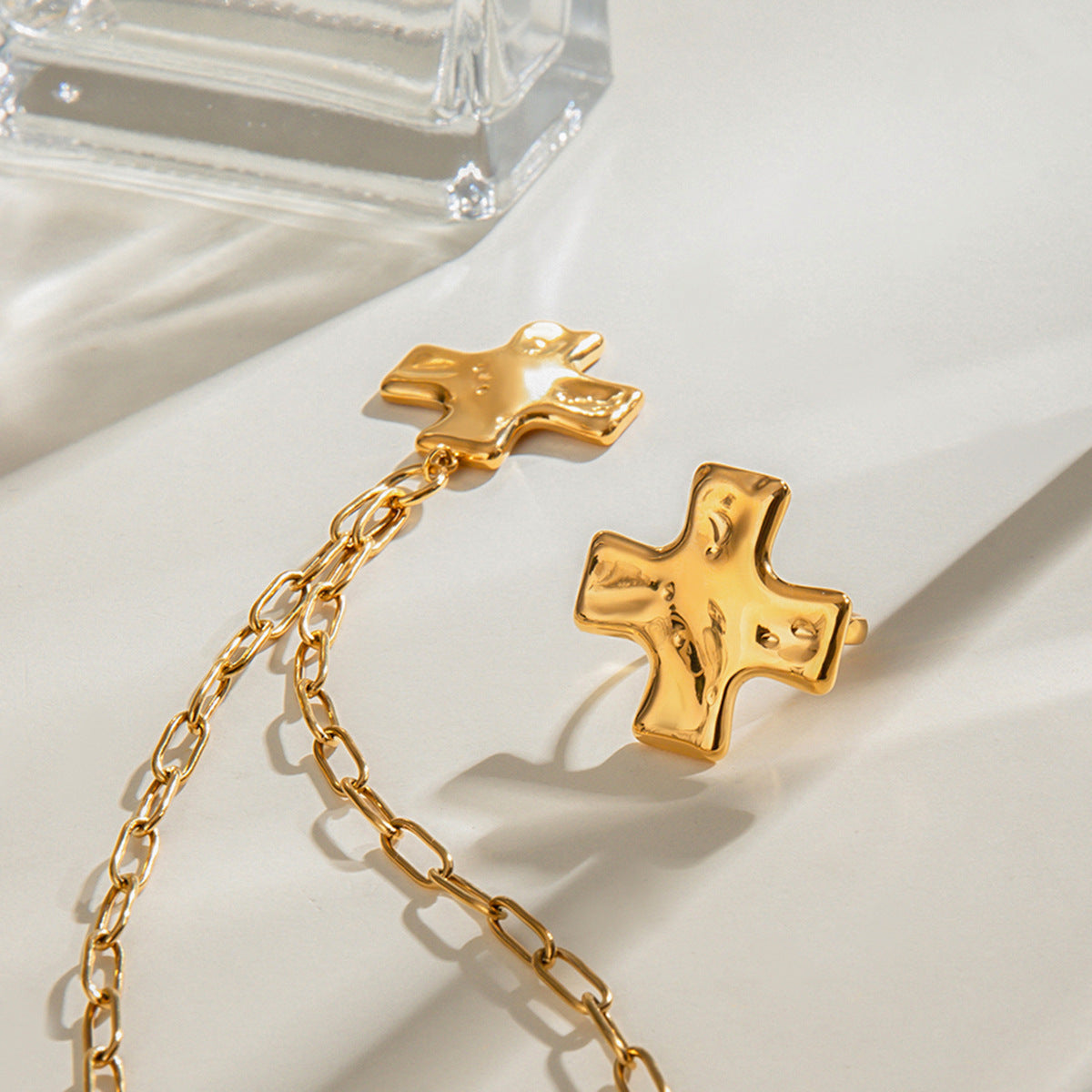 Stainless Steel Hammered Cross Pendant Necklace Ring Jewelry Set
