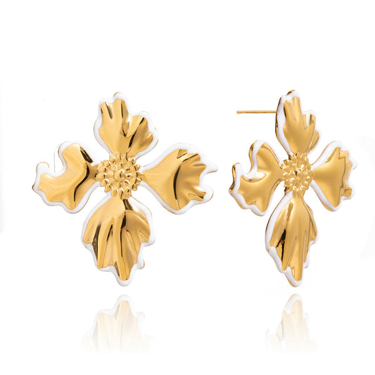 Stainless Steel White Enamel Cross Stud Earrings