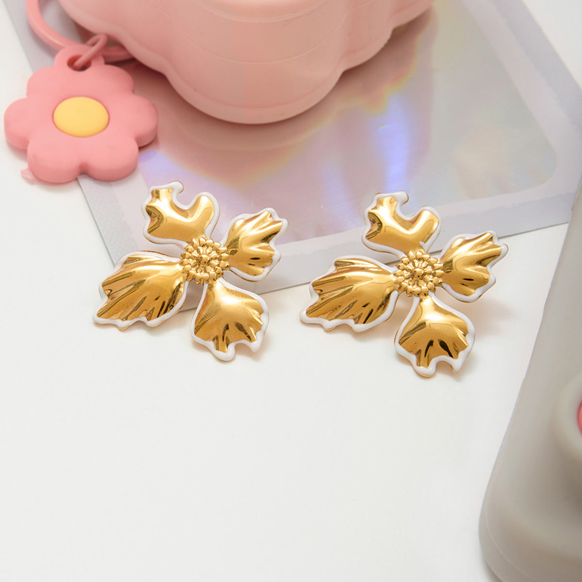 Stainless Steel White Enamel Cross Stud Earrings