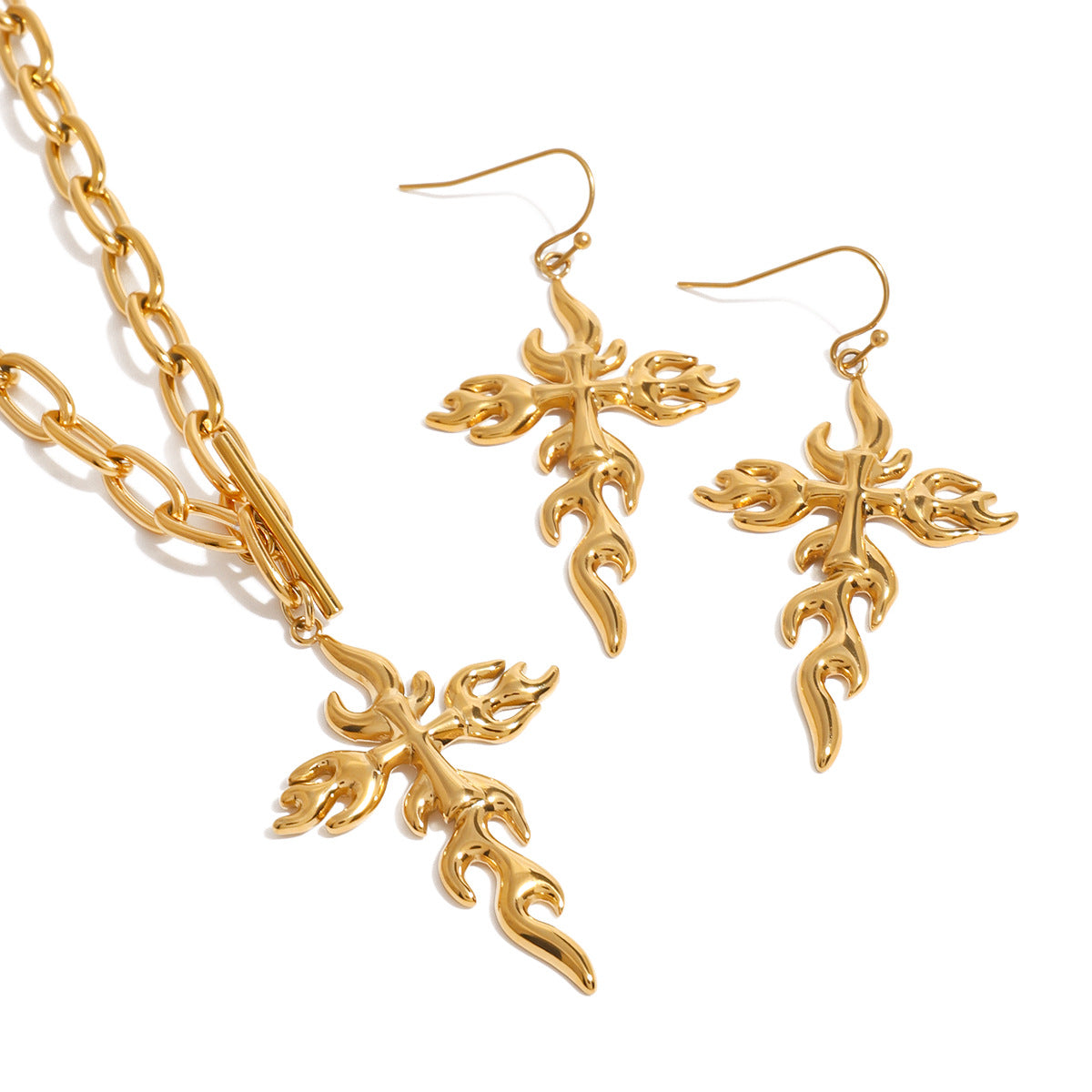 Stainless Steel Cross Flame Earrings Necklace Jewelry Set