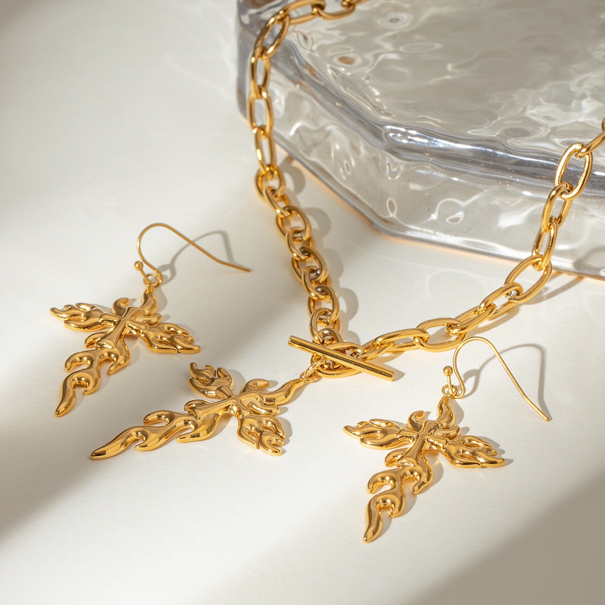 Stainless Steel Cross Flame Earrings Necklace Jewelry Set