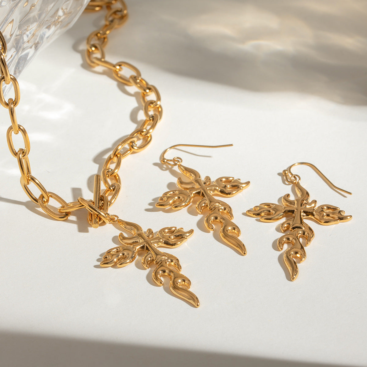Stainless Steel Cross Flame Earrings Necklace Jewelry Set