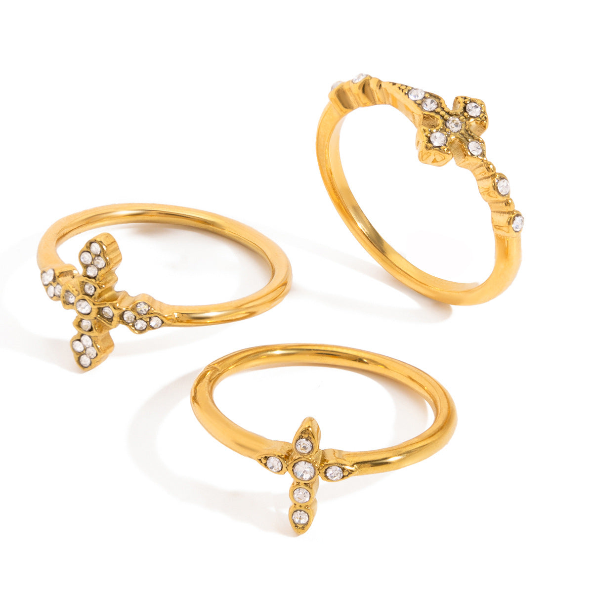 Stainless Steel 18K Gold PVD Cross Cubic Zirconia Ring