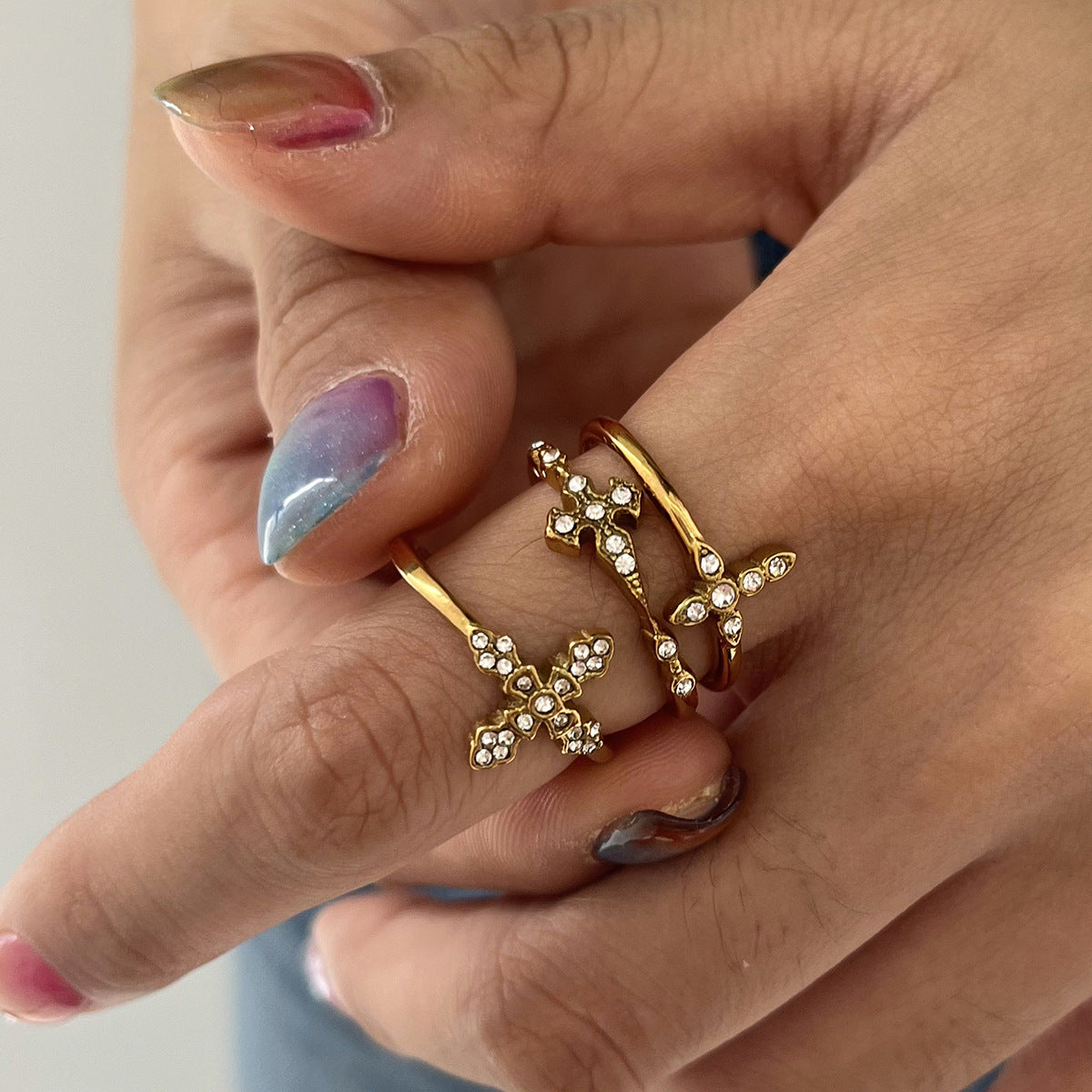 Stainless Steel 18K Gold PVD Cross Cubic Zirconia Ring